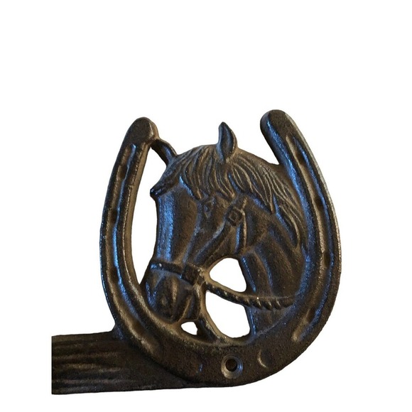 Vtg Horse Horseshoe Coat Rack Hooks Towel Hanger Western Primitive Cast Iron 23" - Picture 4 of 8